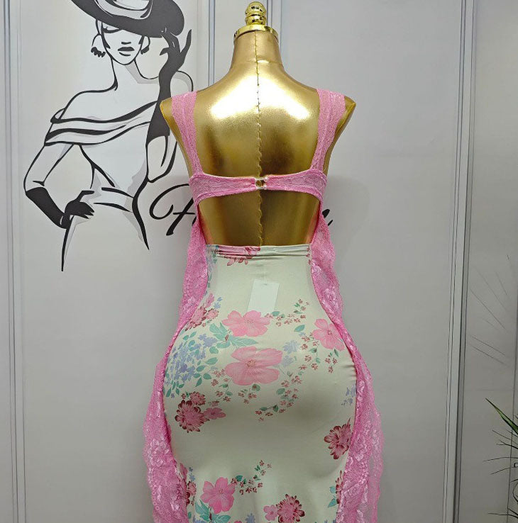 Women summer pink lace shoulder strap Patchwork slit dress 7