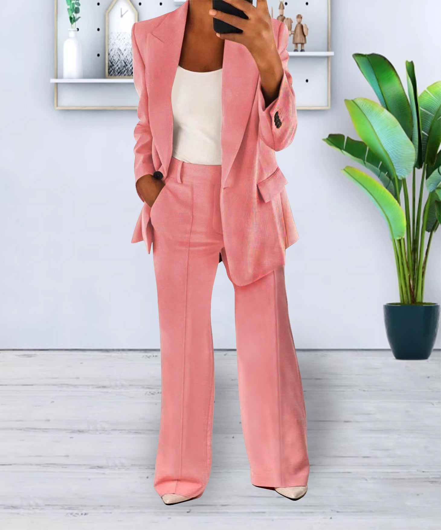 Fashionable Casual Solid Color Blazer Trousers Career Two Piece Suit 3