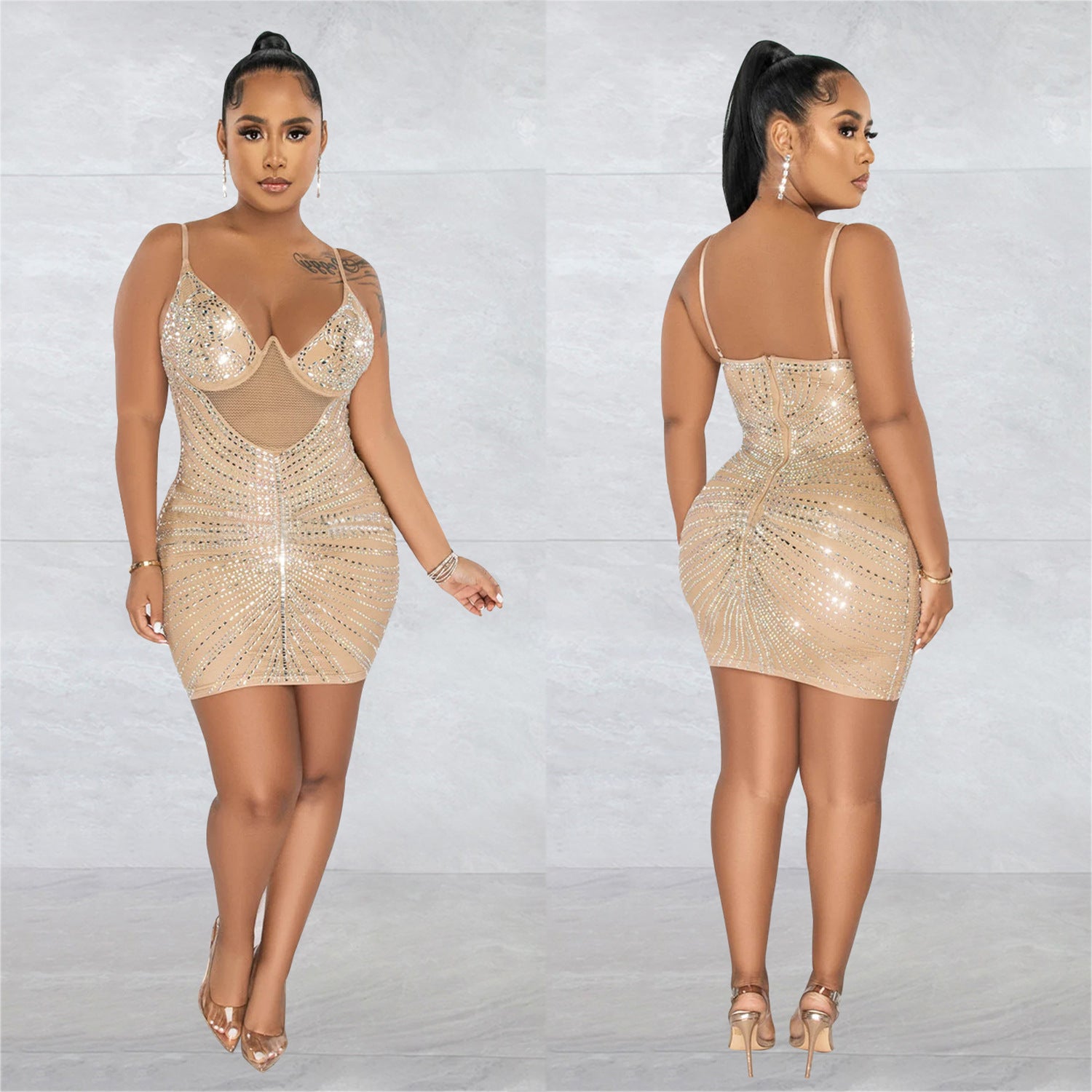 Women's Fashion Beaded Mesh straps Sleeveless club Dress 4