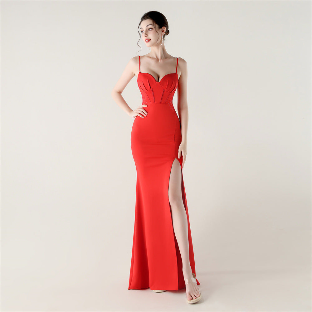 Women Fishbone Lace Sequin Formal Dinner Wedding Fishtail Evening Dress 9