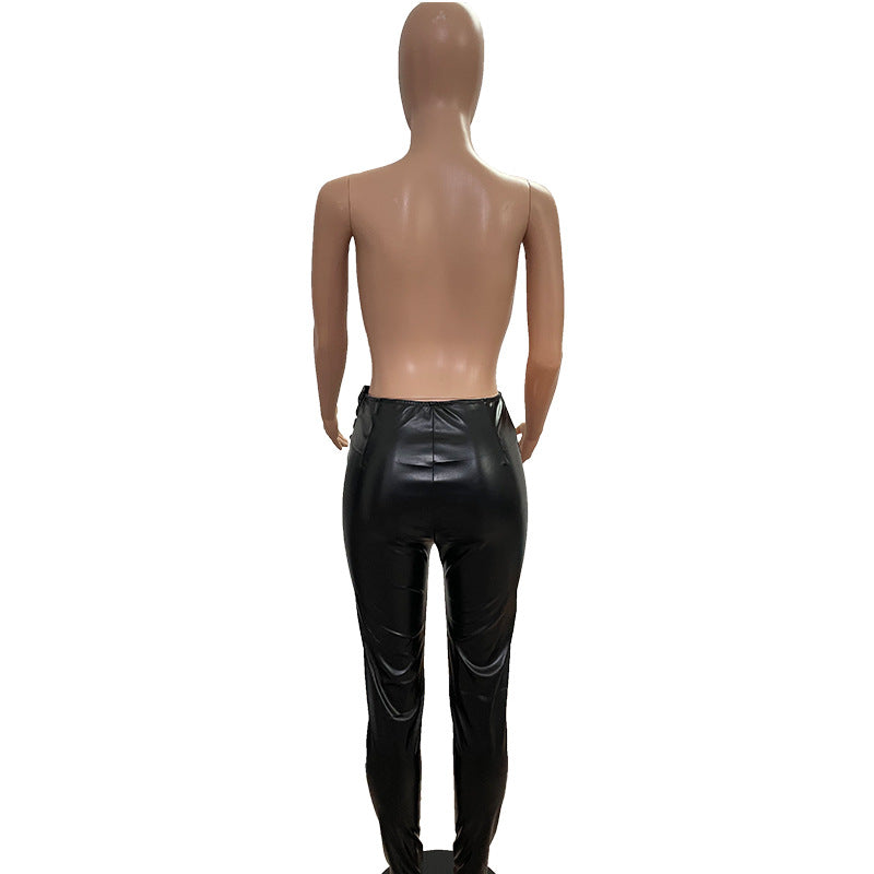 Women Stretch Belted Casual Pu Leather Pants 17