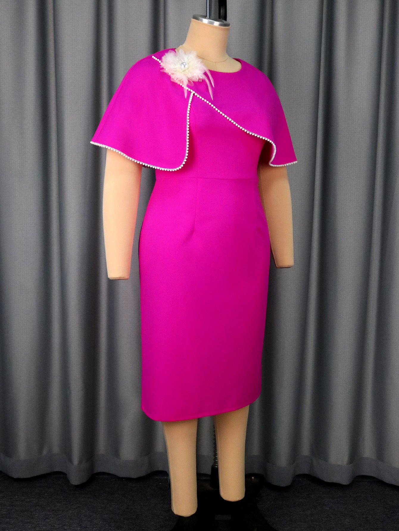 Plus-Size Women Rose Ruffle Round Neck Cape Bodycon Dress 6