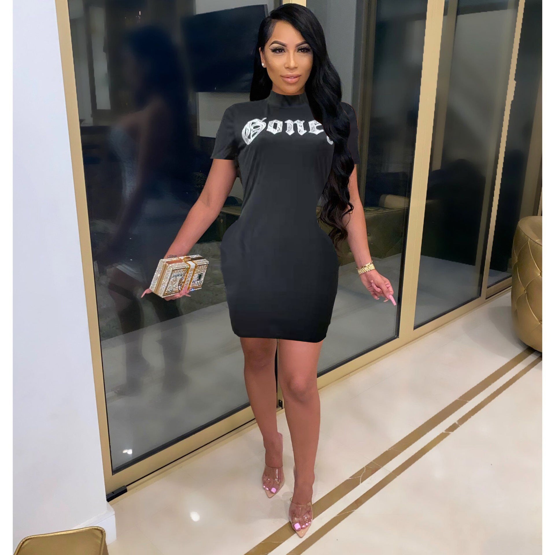 Women Sexy Letter Print Round Neck Mini Dress 3