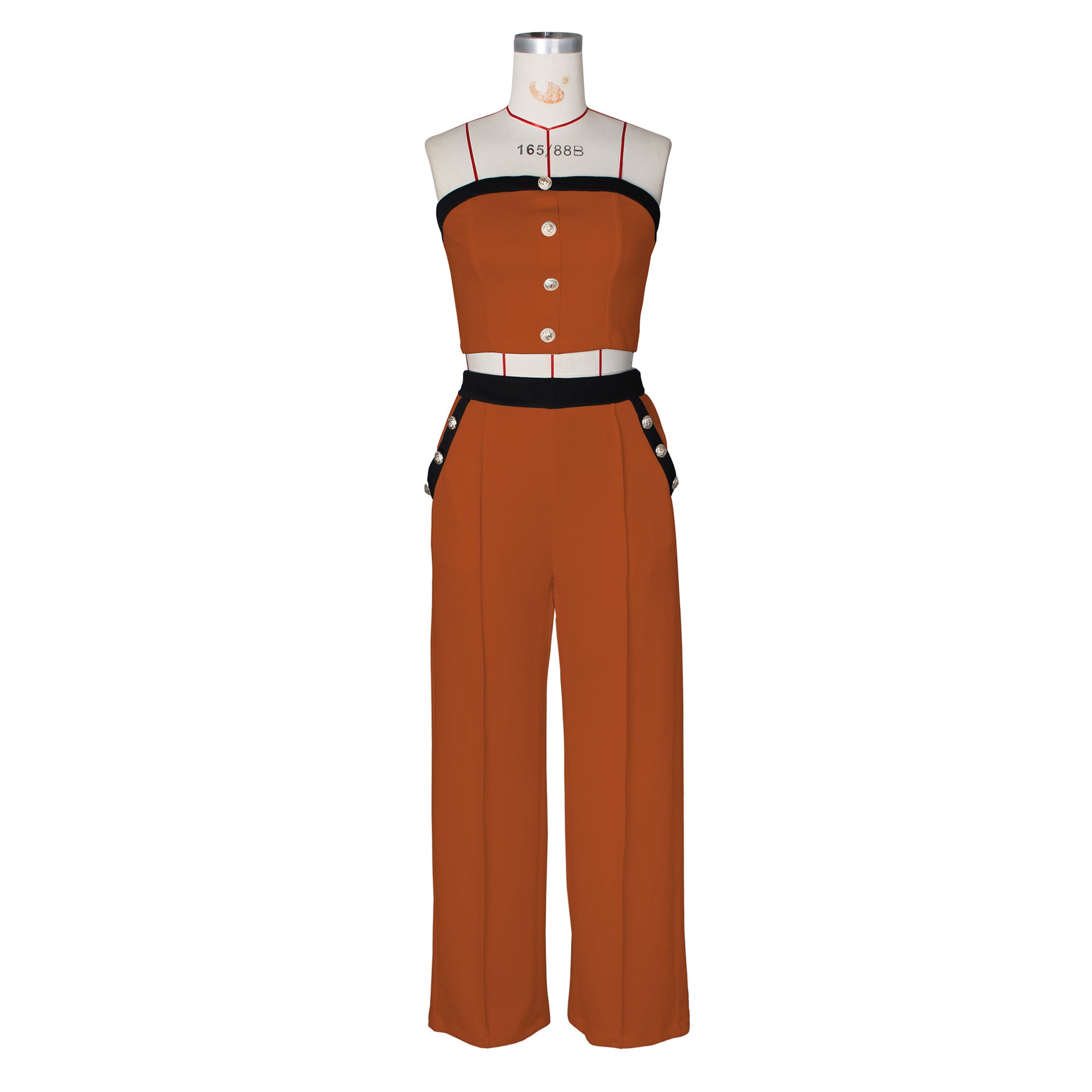 Sexy Color Blocked Decorative Button Straight High Waist Wide Leg Women's Pants Set 23