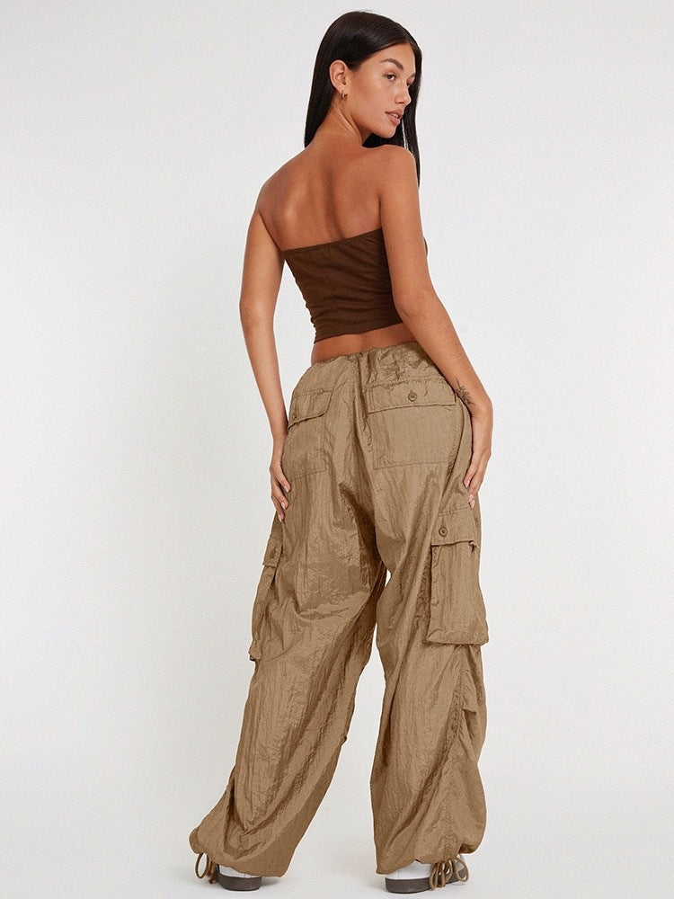 Large Pocket High Waist Casual Drawstring Slim Waist Cargo Pants For Women 5