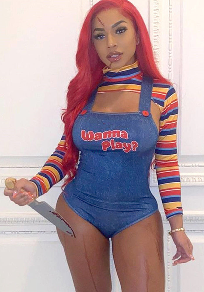 Women Sexy Cosplay Letter Long-Sleeved Overall Two-Piece Set