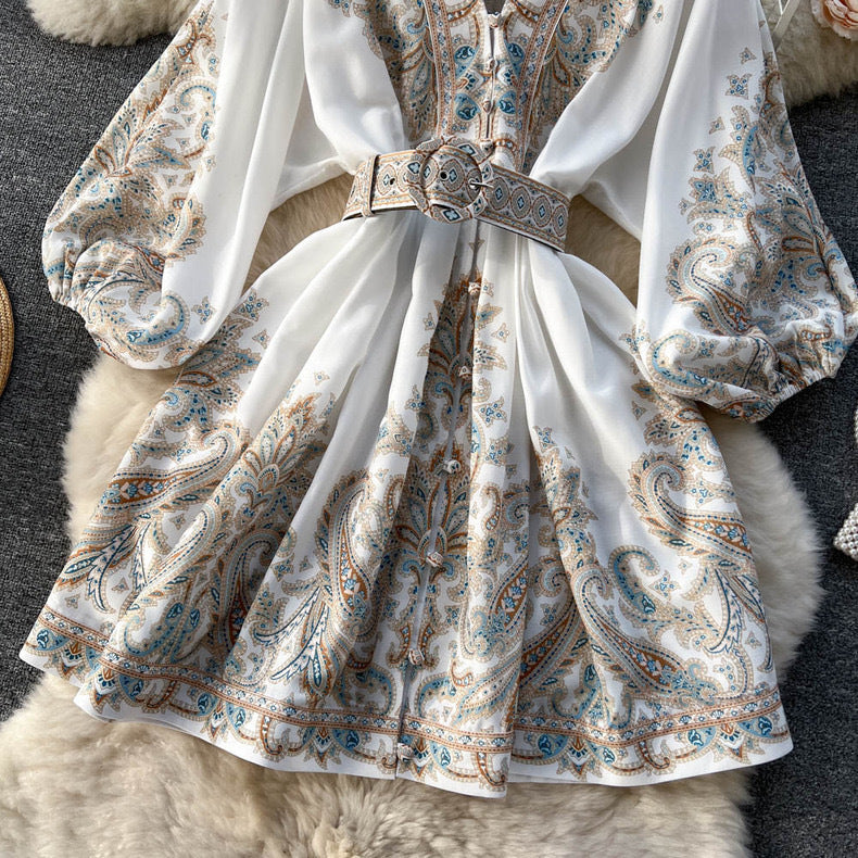 Women Spring French Vintage Print Single-Breasted V-Neck Lantern Sleeve Maxi Dress 9