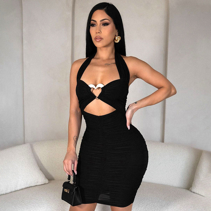 Women’s Heart Print Metal Embellished Halter Neck Low Back Cutout Bodycon Mini Dress