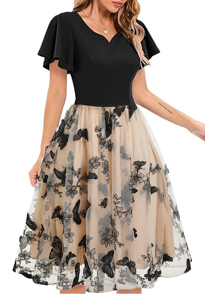Women V-neck Patchwork Short Sleeve Retro Butterfly Mesh Embroidered Dress