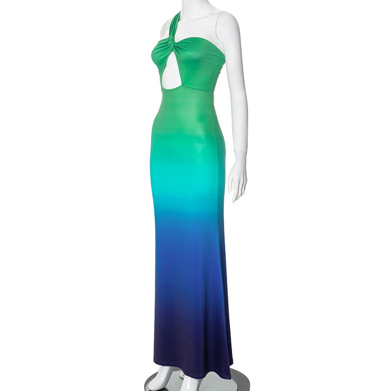 Women's Summer Chic Elegant One Shoulder Hollow Gradient Slim High Waist Long Dress 11