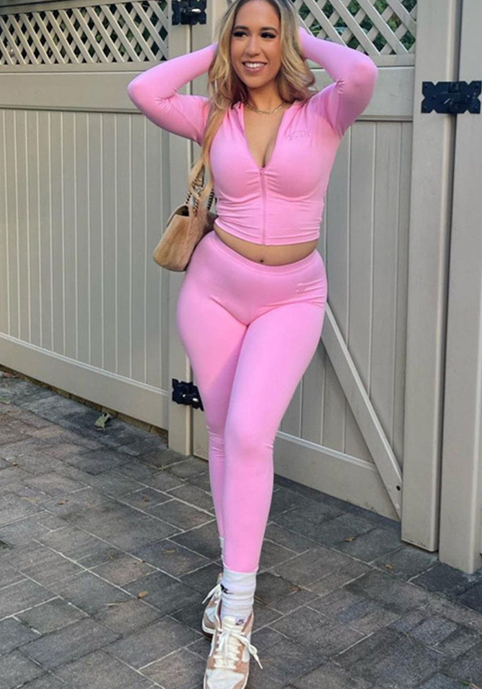 Women Solid Sexy Zipper Long Sleeve Top and Pant Two-piece Set