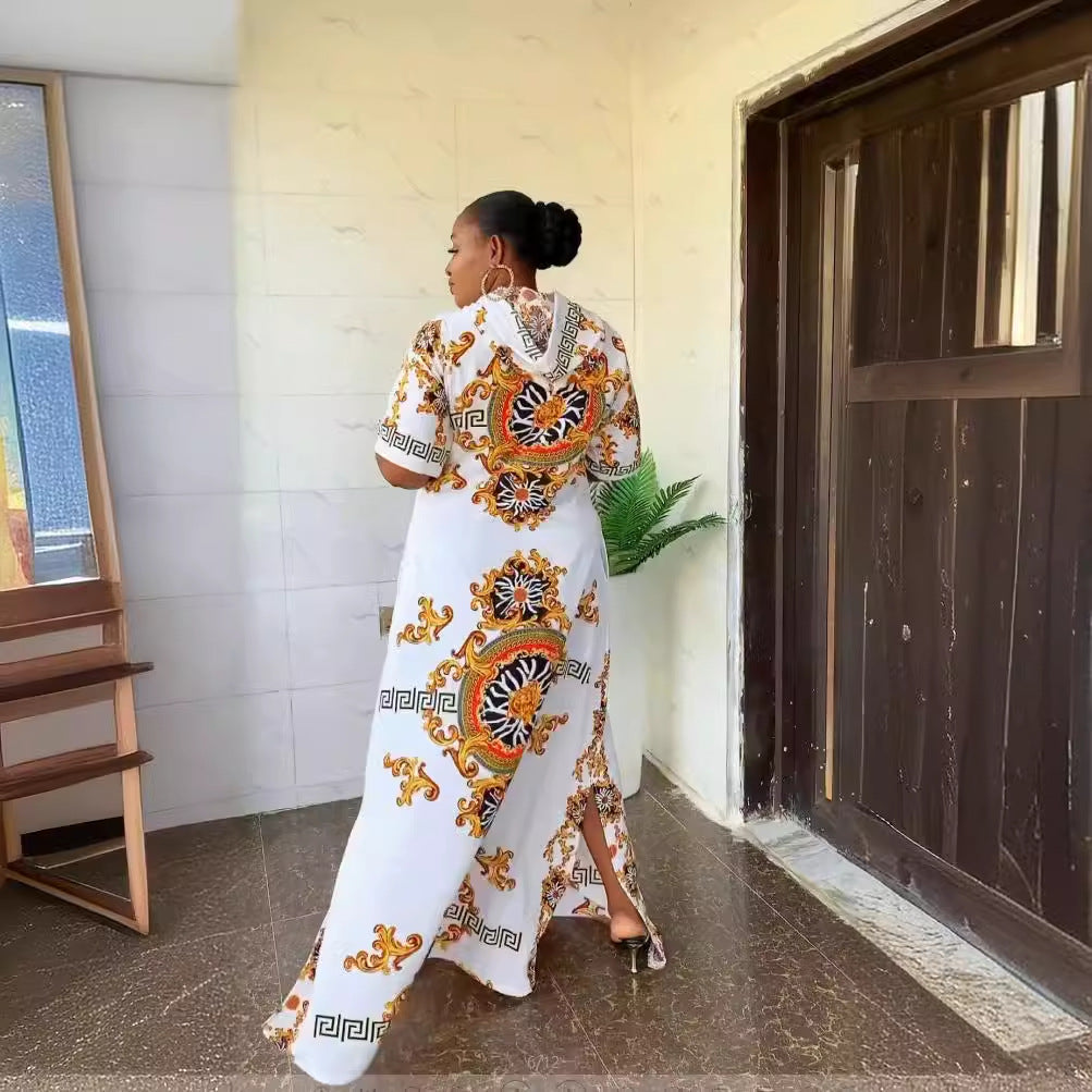 African Printed Hooded Short-Sleeved Split Loose Long Dress 4
