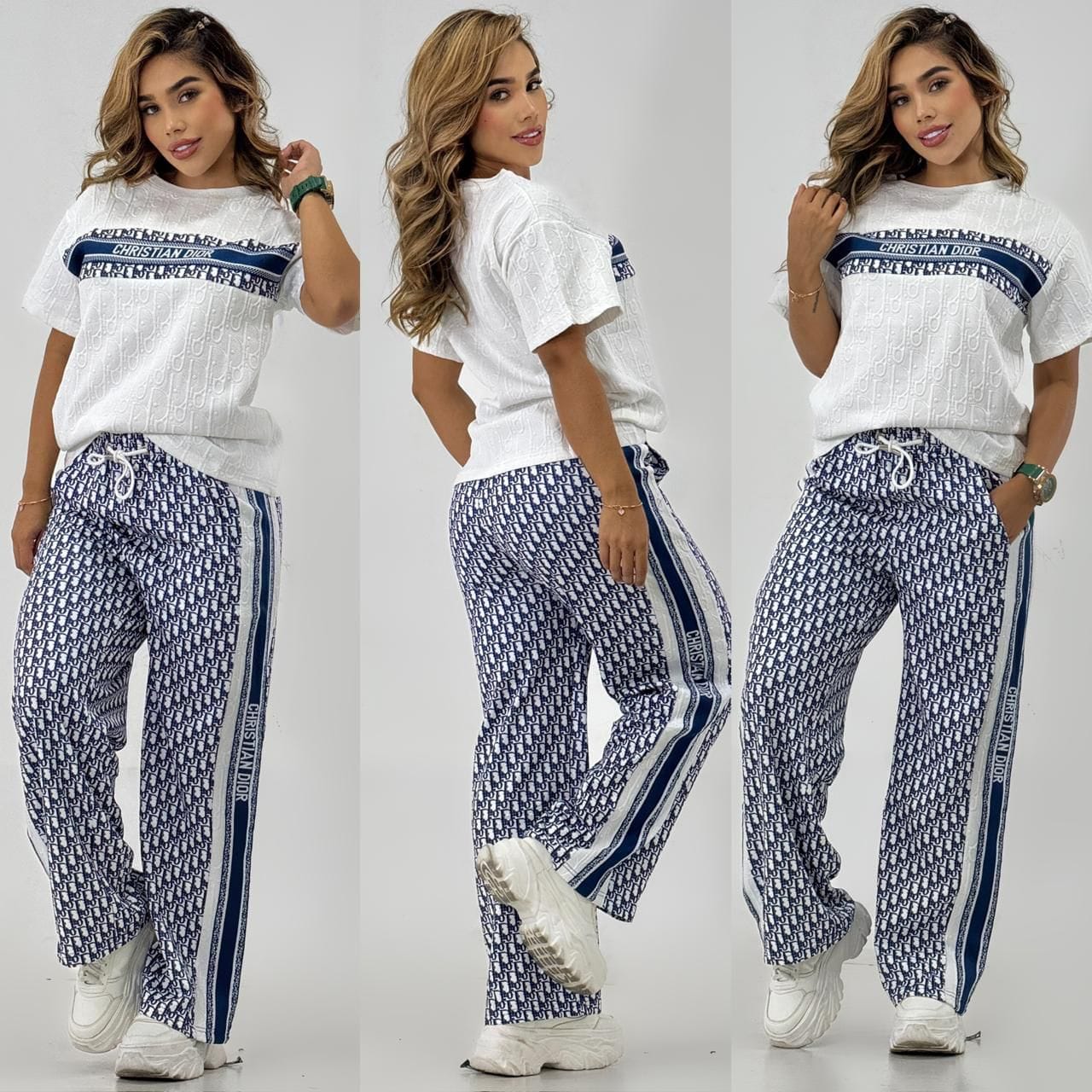 Women  Summer Casual Jacquard Short Sleeve T-shirt And Lace Jacquard Wide Leg Pants Two Piece Set 3
