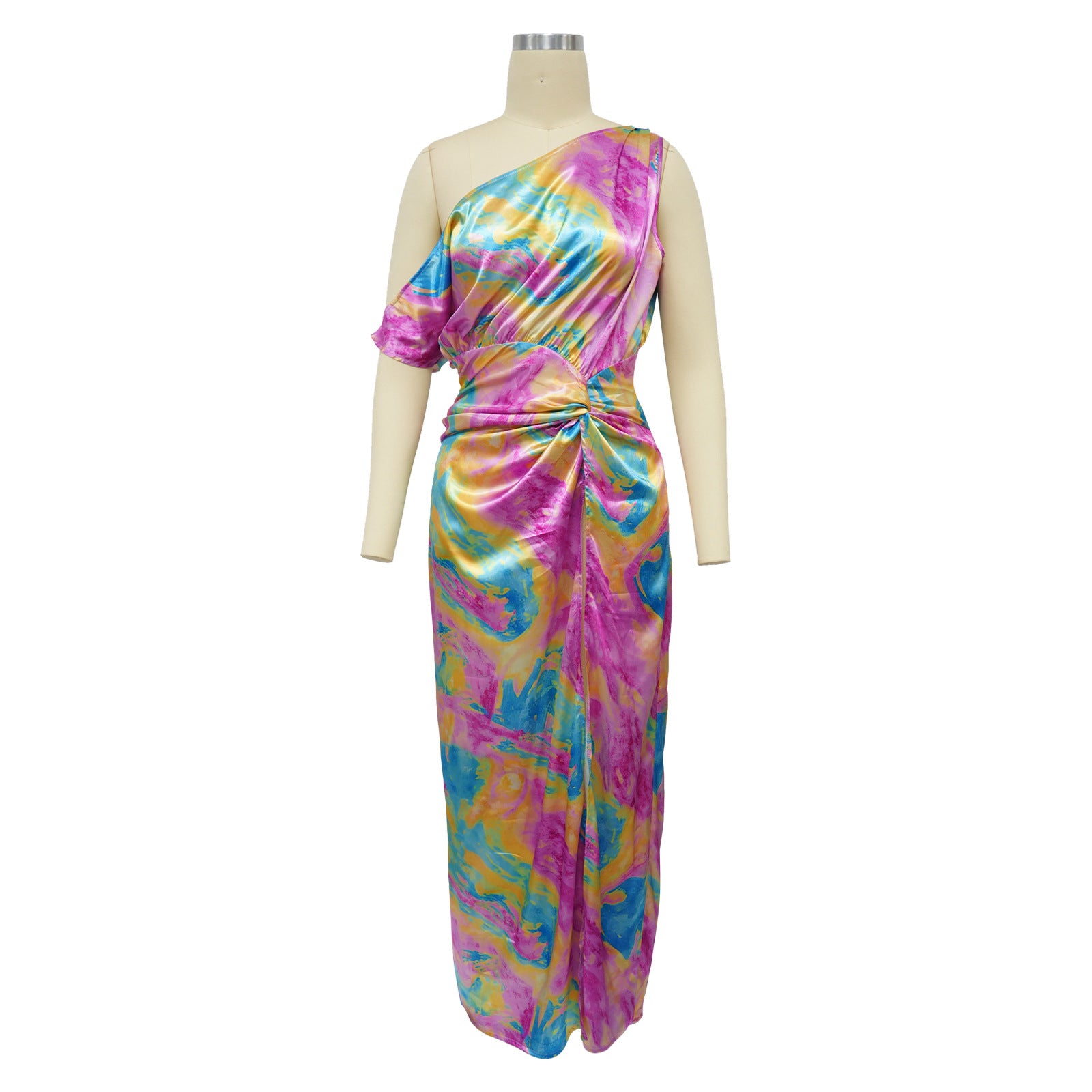 Fashion Women's Sexy Tie-Dye Printed Slash Shoulder High Slit Long Dress 9