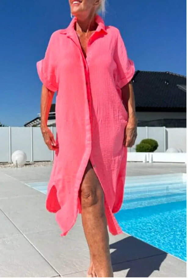 Women Summer Print Holidays Button Shirt Dress 11