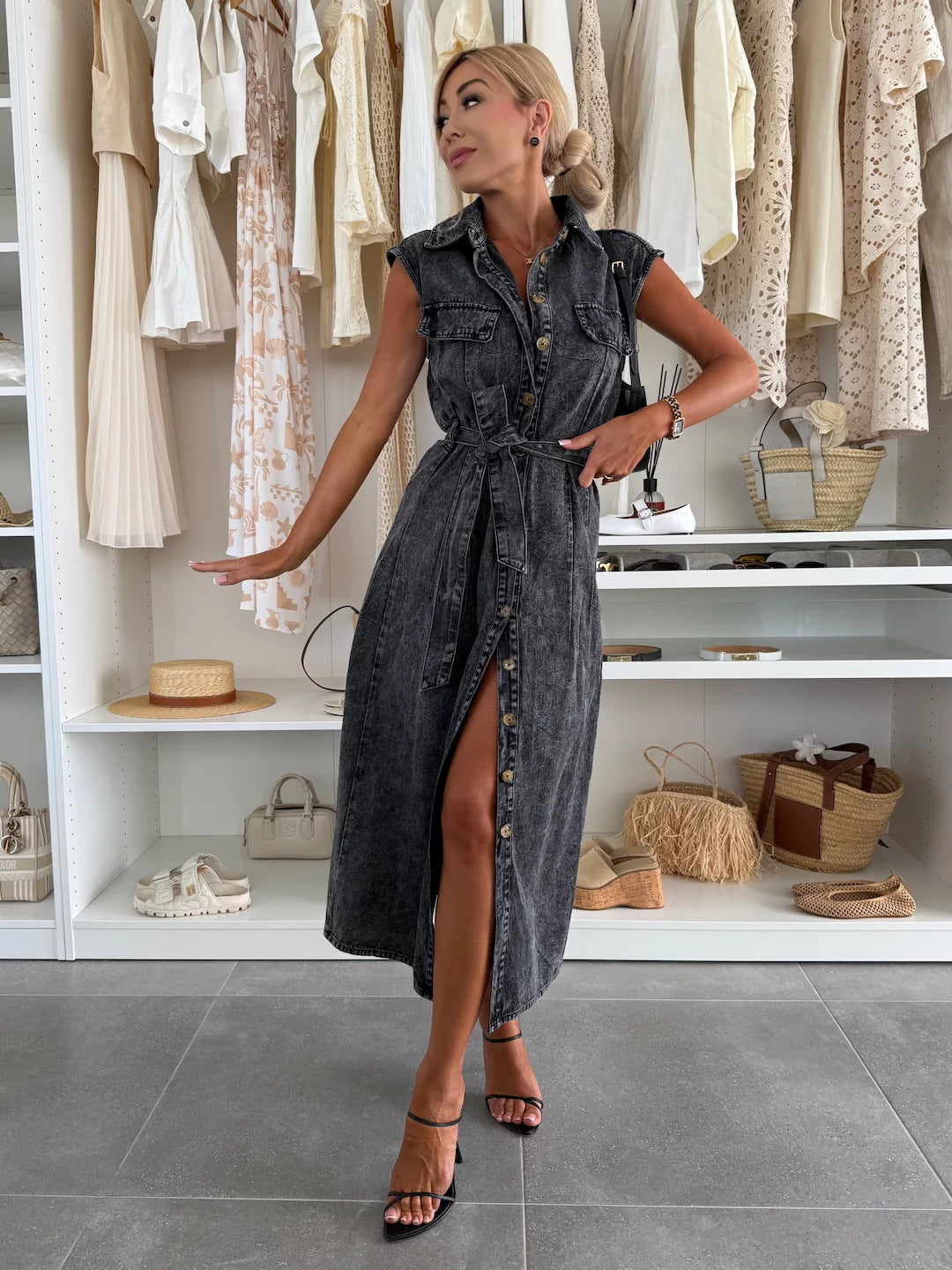 Women Casual Single-Breasted Sleeveless Denim Dress 8