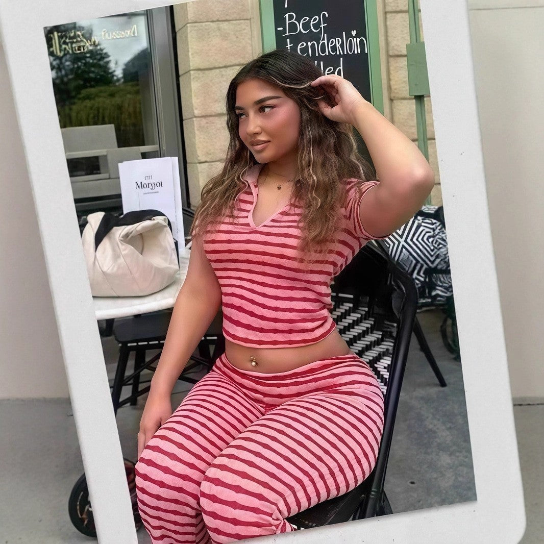 Fashion Turndown Collar Shirt & Striped Bell-Bottom Pants Summer Knit Set 9