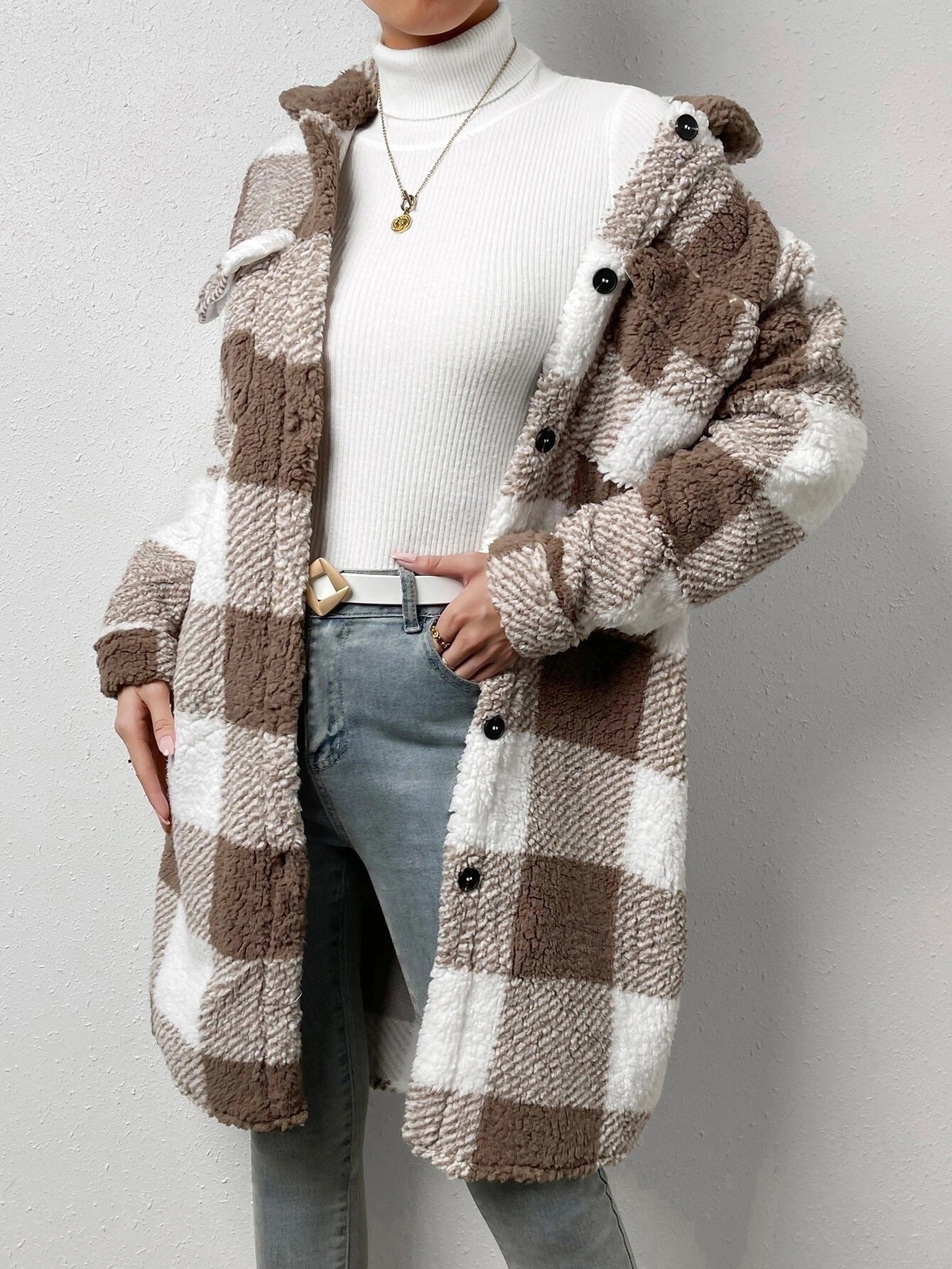 Autumn And Winter Open Button Turndown Collar Plush Plaid Coat Loose Chic Long Jeacket For Women 4