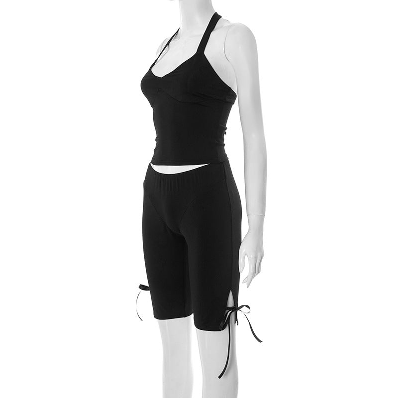 Women spring/summer Halter Neck drawstring strapless backless top and bow pants solid two-piece set 9