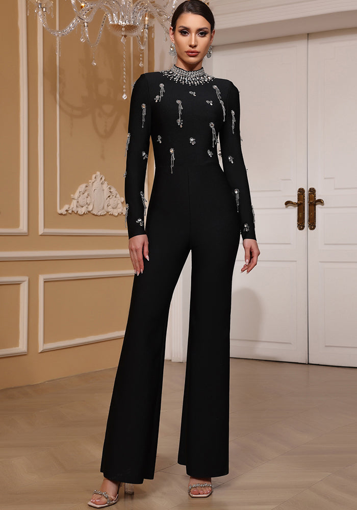 Women Black Long Sleeve Evening Bandage Beaded Bell Bottom Jumpsuit