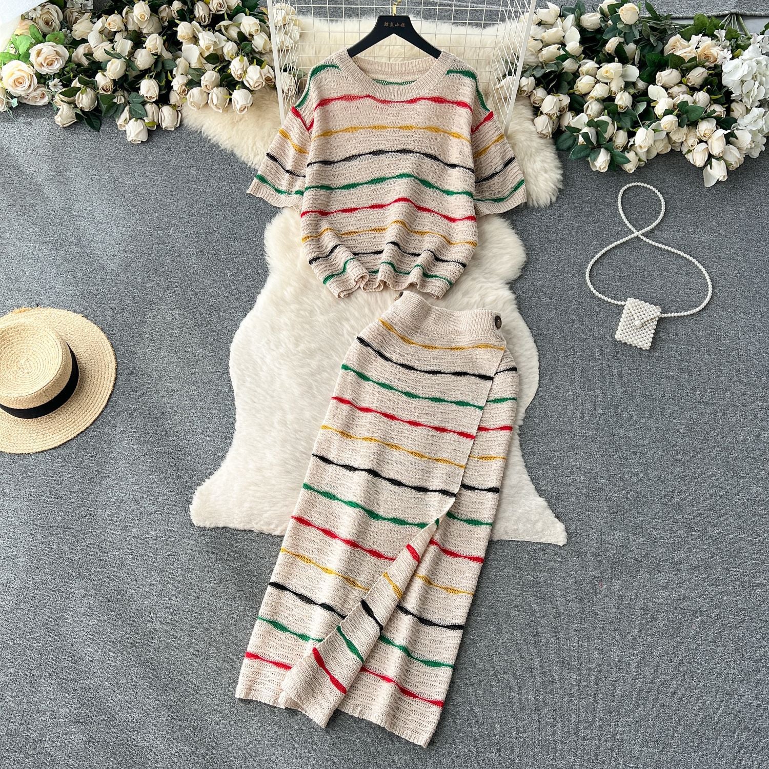 Striped Color-Blocking Loose Round Neck Knitted Crop Top & High-Waist Bodycon Skirt Set 5
