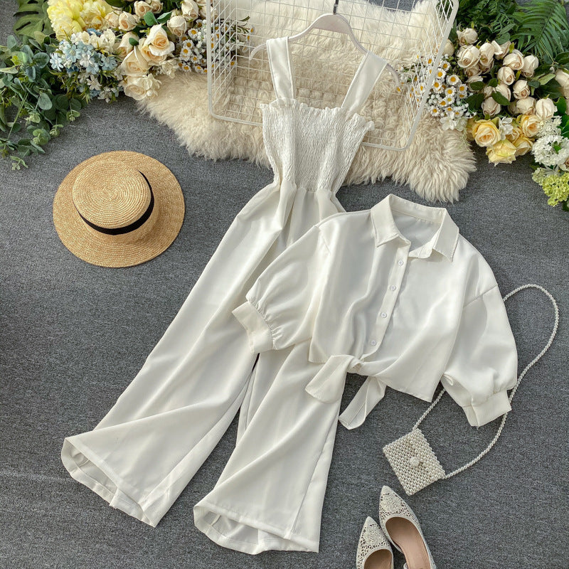 Women Holidays Stand Collar Short Sleeve Shirt and Suspender pleated wide-leg jumpsuit two-piece set 6