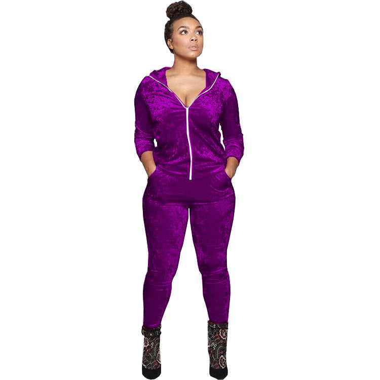 Women Fall and Winter Casual Velvet Hooded Zippered Top Long Pants Two-piece Set 9
