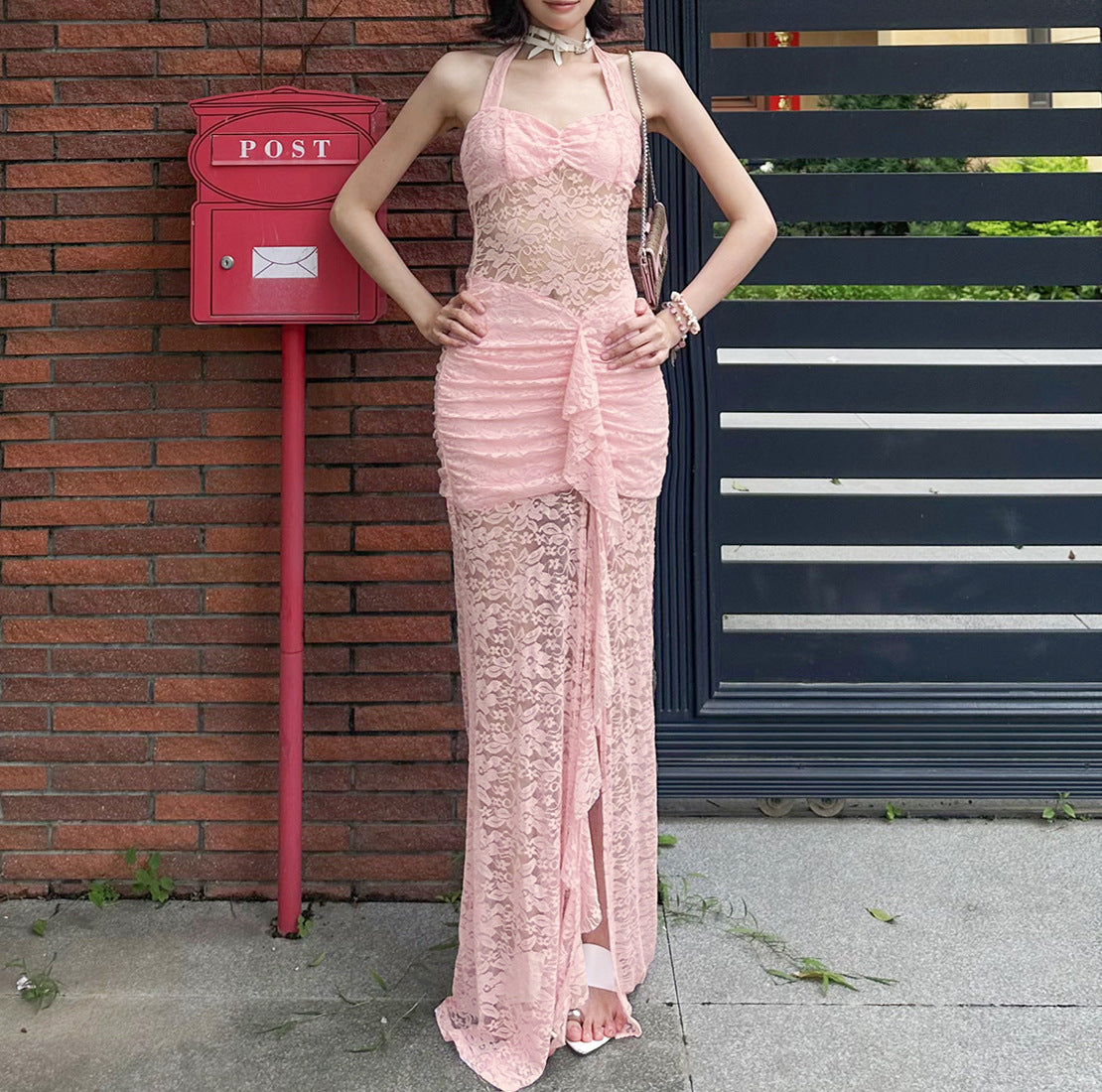 Summer Fashion Chic Elegant Lace Patchwork Halter Neck Slit Long Dress 13