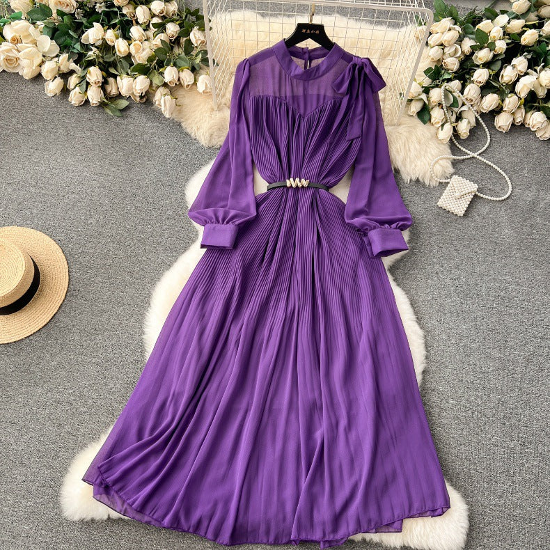 Spring Women's Bow Pleated Chiffon Puff Sleeve Long Dress 27