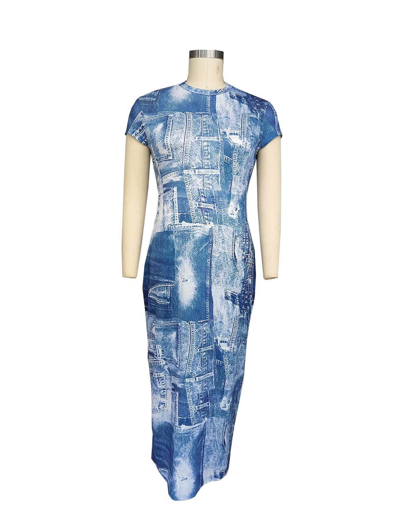 Women's summer Round Neck short sleeve print slim long dress 3