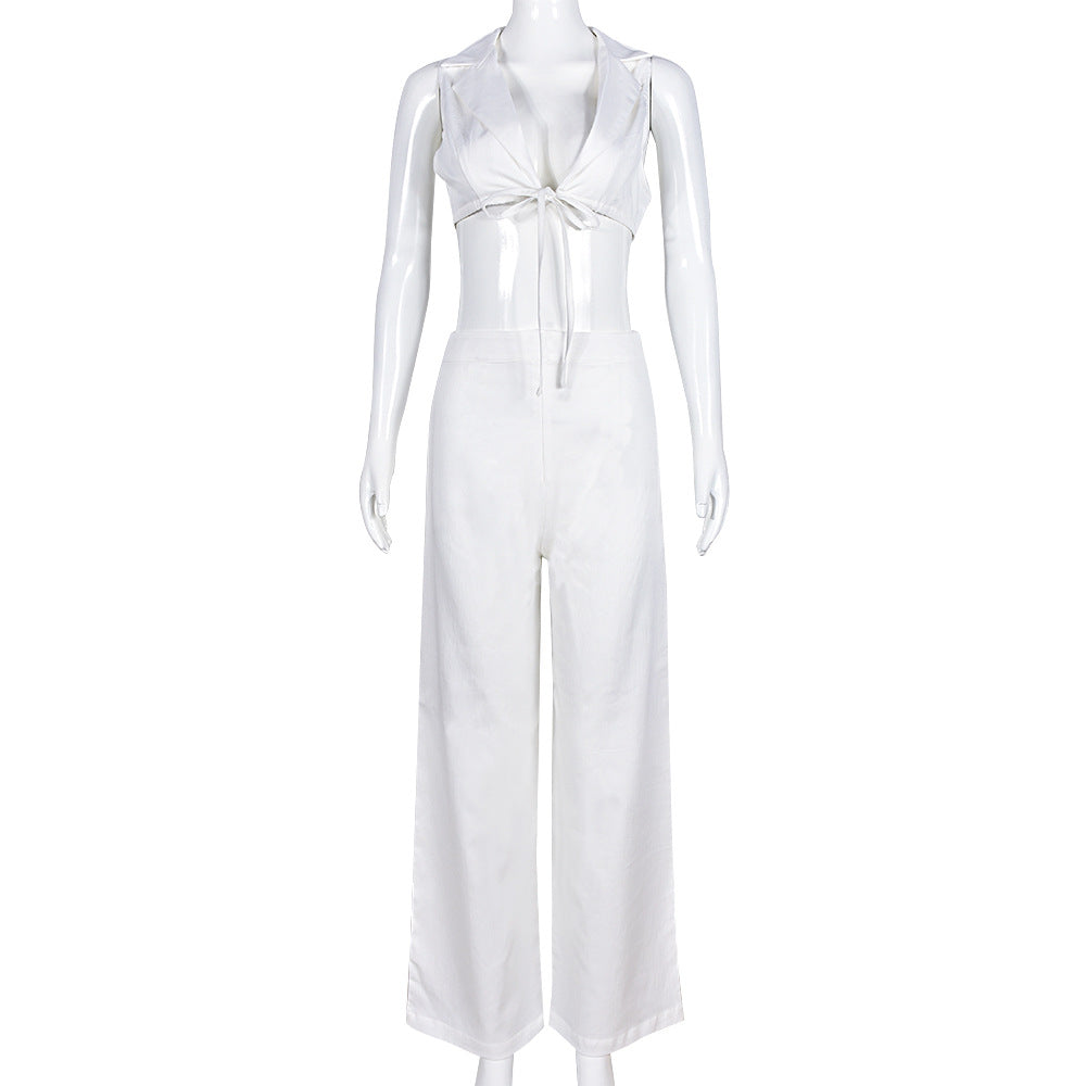 Summer Sexy Slim-Fitting Lace-Up Crop Turndown Collar Two Piece Pants Set For Women 3