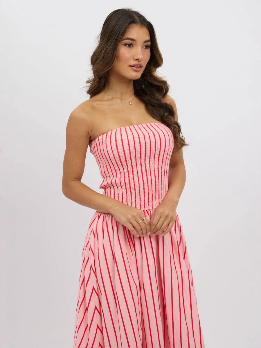 Striped Printed Strapless Sexy Women's Long Dress