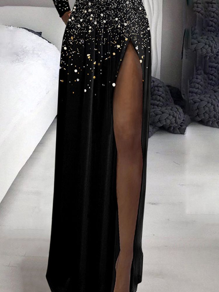 Women Gold Printed Long Sleeve High Neck Mesh Patchwork Slit Evening Dress 5