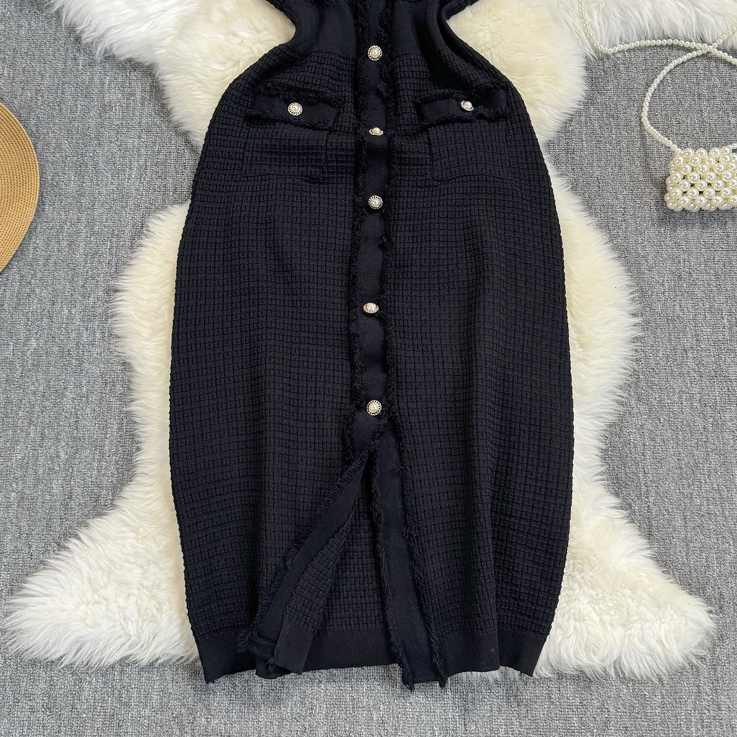 Summer Women's Buttoned Short-Sleeved V-Neck Slim Waist Slim Knitting Dress 11