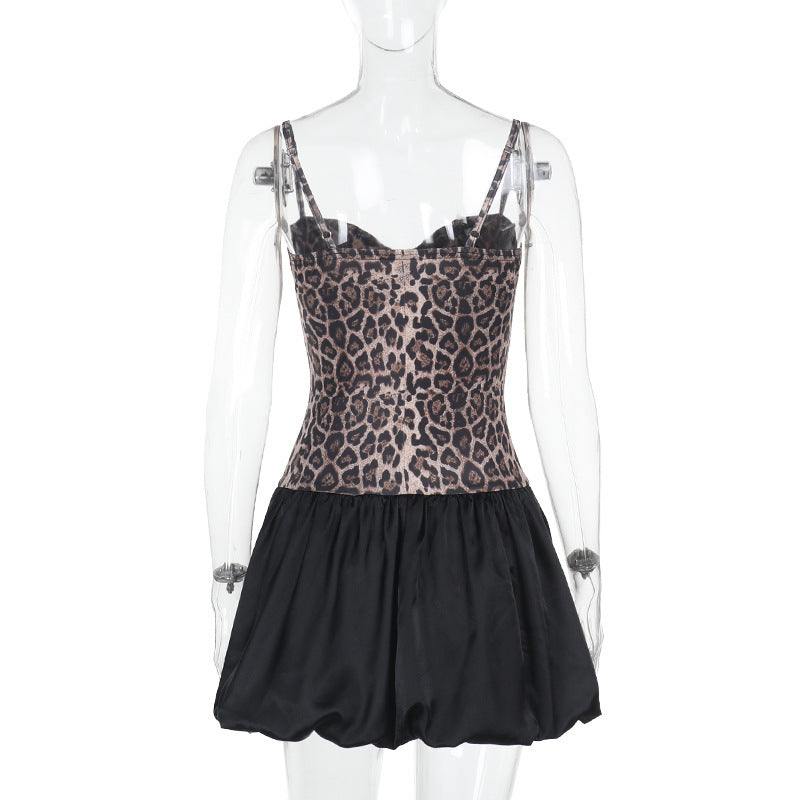 Women's Street Fashion Leopard-Print Patchwork Strap Slim-Waist Bubble Dress 8