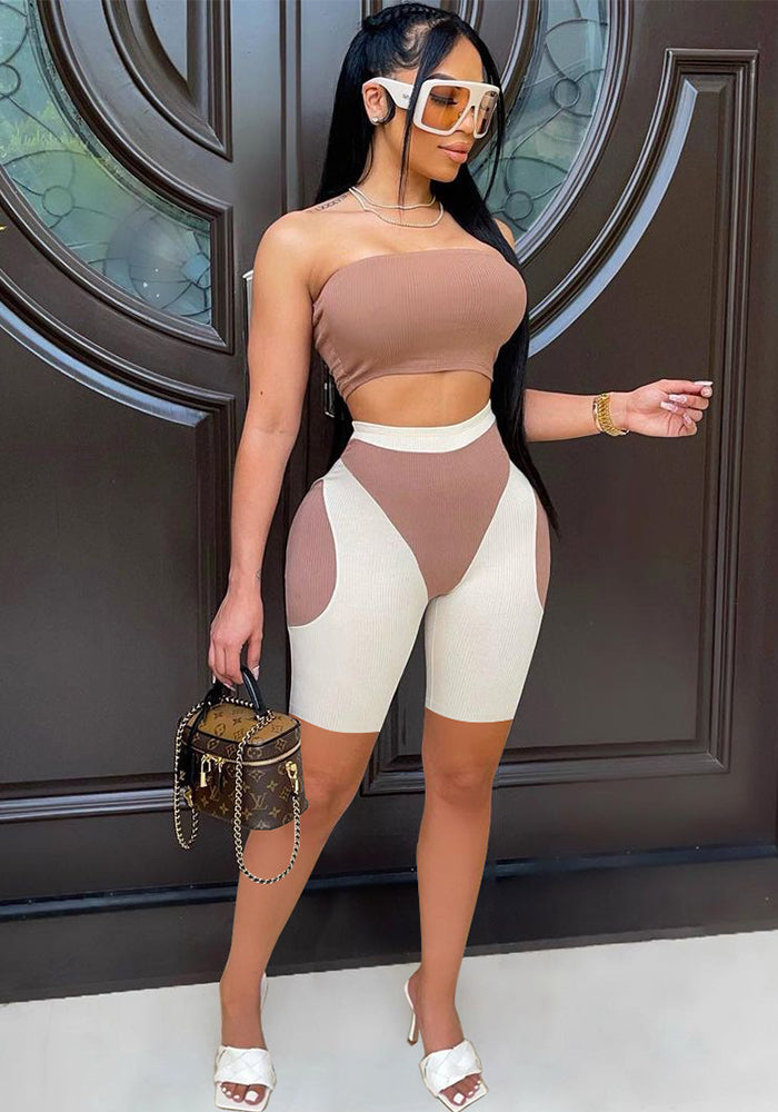 Women's summer fashionable color matching tight fitting strapless two-piece shorts set