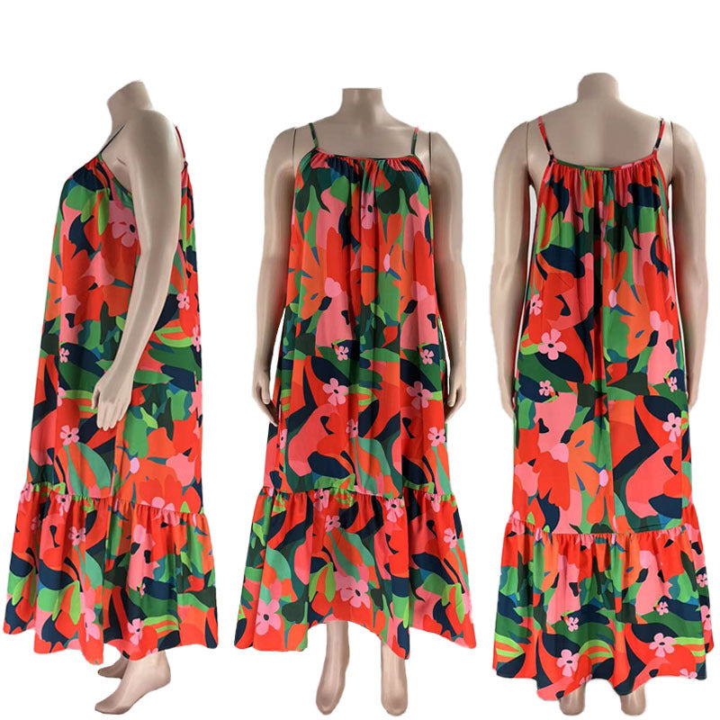 Plus Size Women Summer Sexy Off Shoulder Pleated Print Strap Dress 15