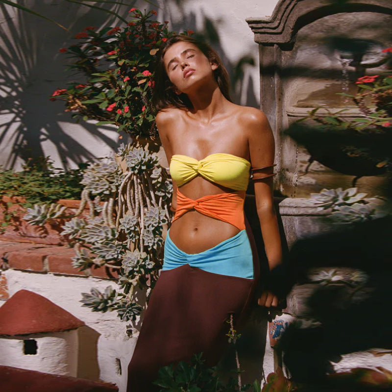 Women Contrast Strapless Hollow Sexy Dress 4