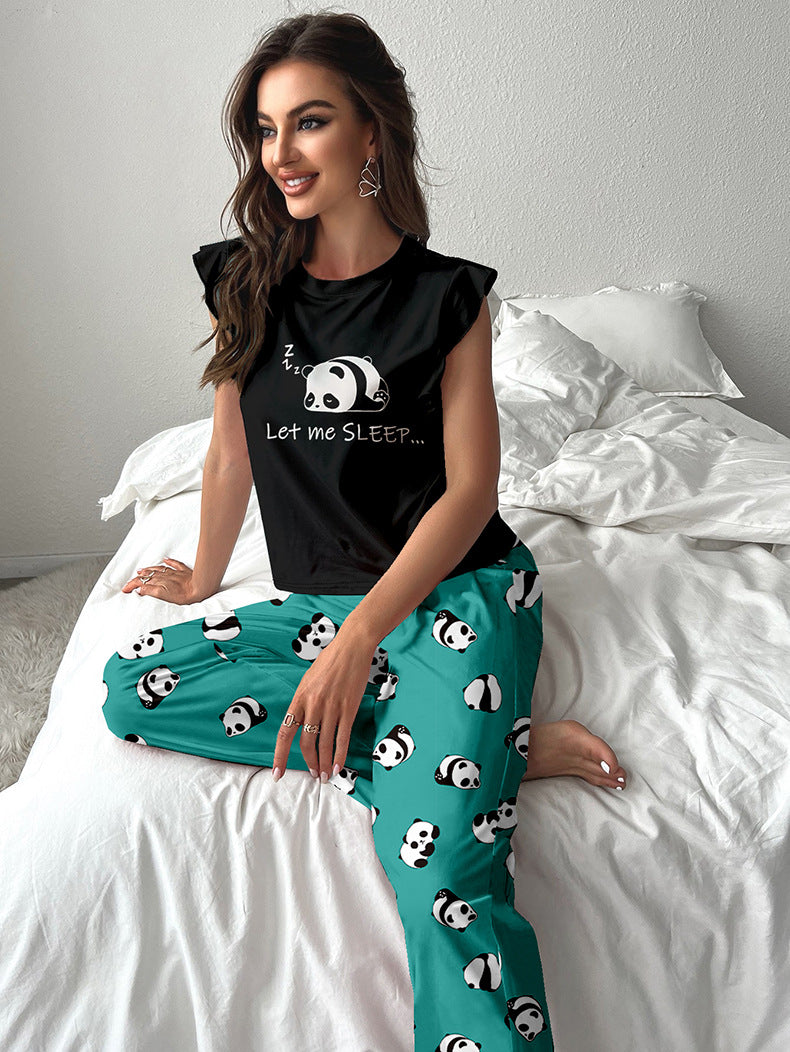 Summer Panda Print Flying Sleeve Pajamas Set Women's Home Clothes 4