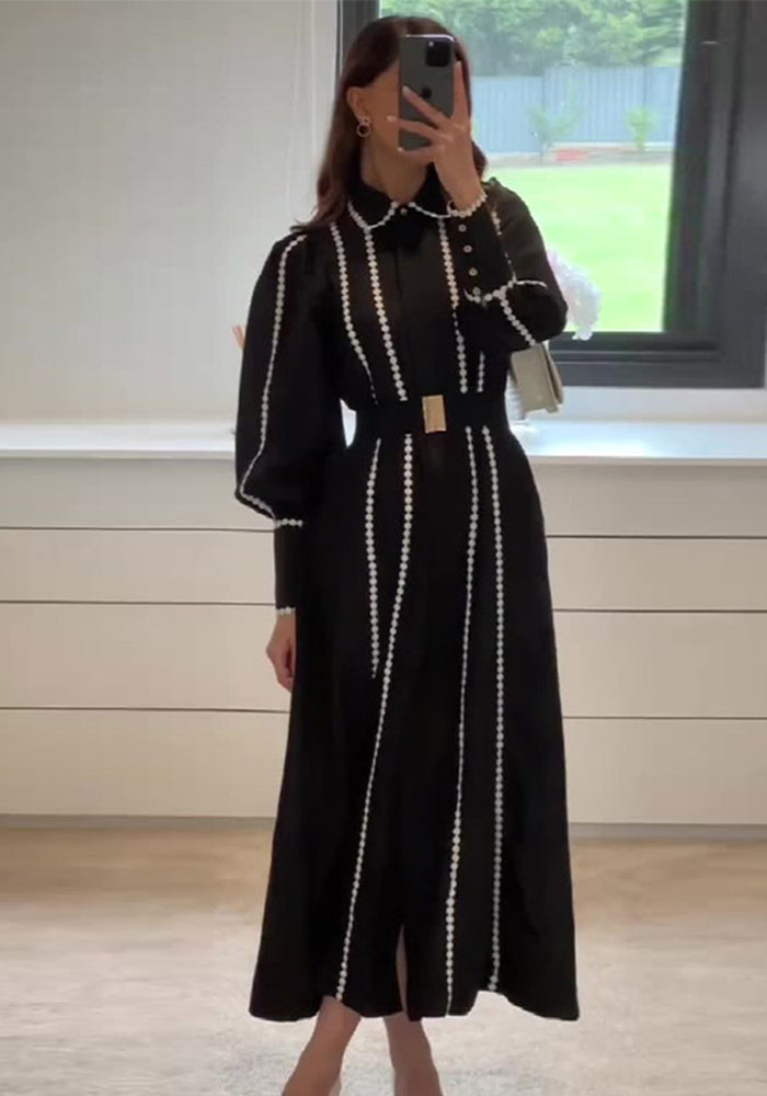 Women Autumn French Lace Turndown Collar Lantern Sleeve Dress