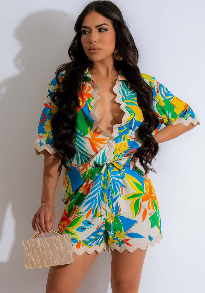 Women's Print Lace Patchwork Short Sleeve Shirt Shorts Two-Piece Set