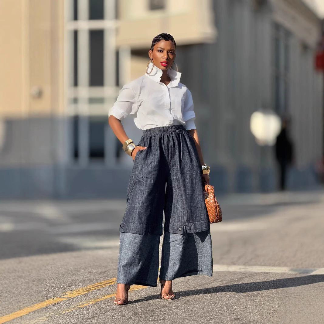 Street Style Patchwork Color-Block Wide-Leg Denim Pants 9