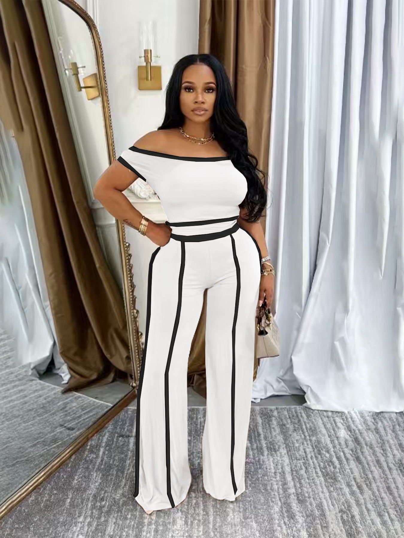 Women Summer Casual Off Shoulder Top and Long Pants Two Piece Set 4