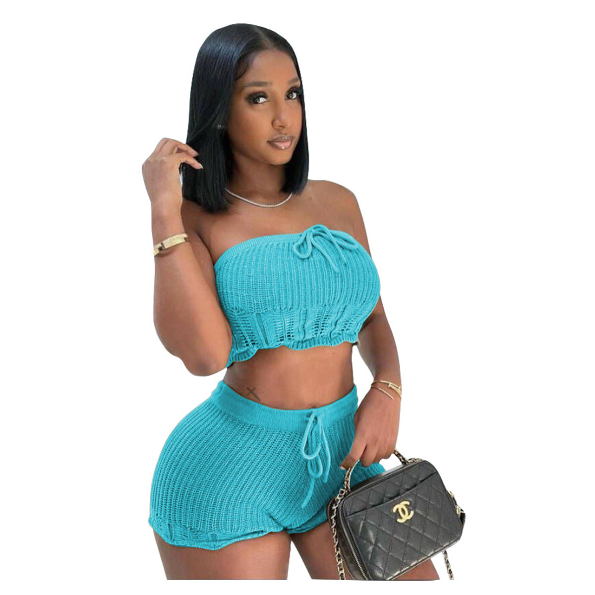 Women Casual Knitting Strapless Tube Top and Shorts Two-Piece Set 13