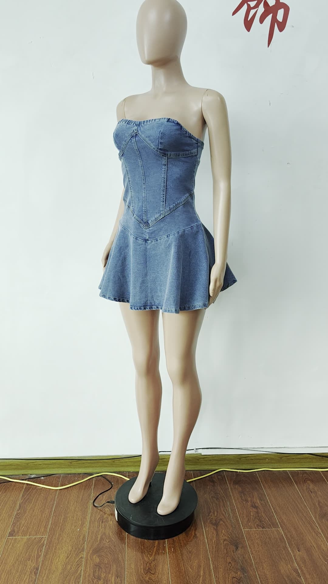 Strapless Slim Ruffle A-Line Denim Dress 5