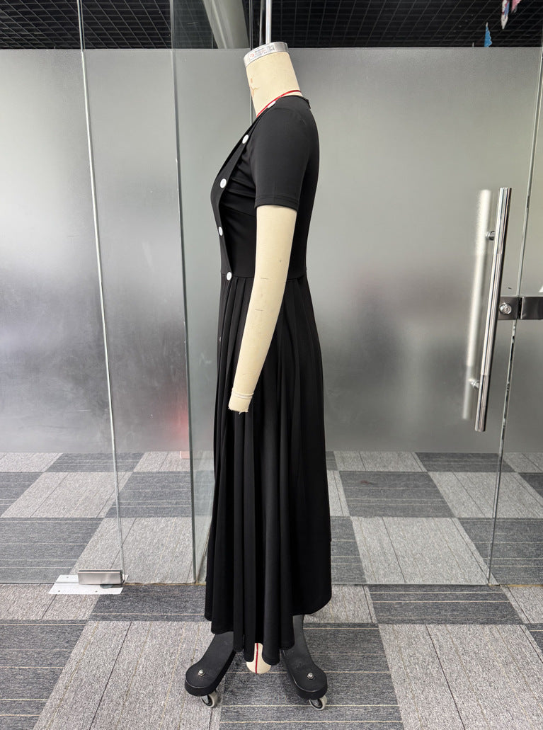 Women elegant Career Round Neck button decoration irregular slit pleated dress 9