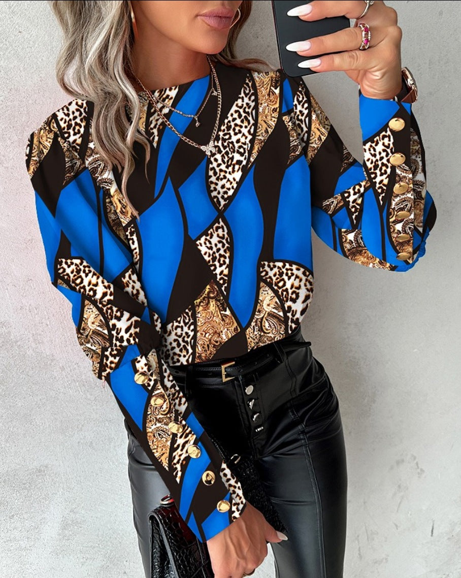 Spring Fashion Printed Long Sleeve Round Neck Button Shirt For Women 12