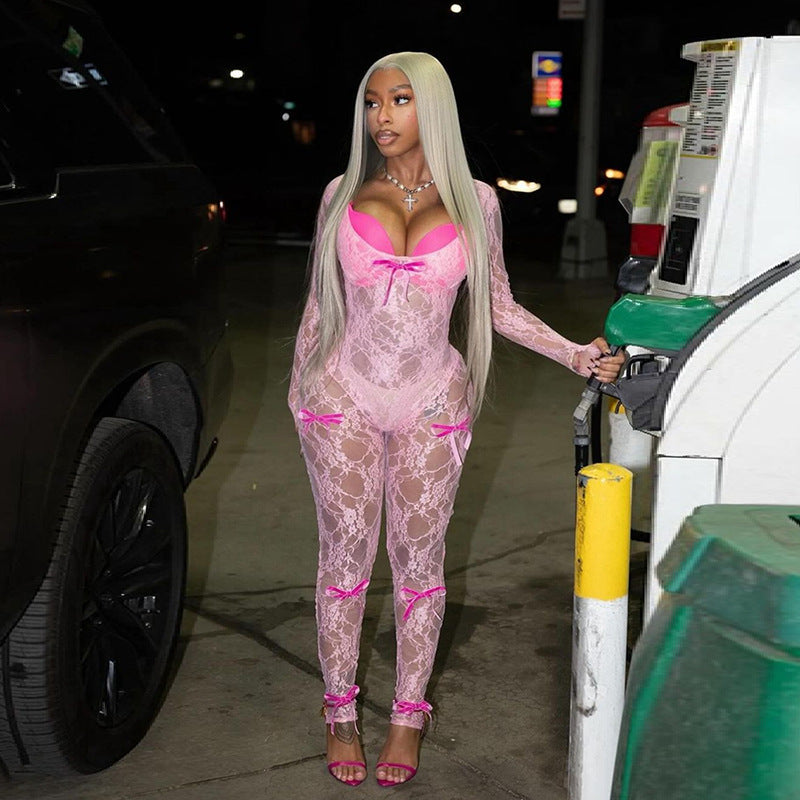 Women Spring Sexy See-Through Hollow Jacquard Long Sleeve Lace Jumpsuit 4