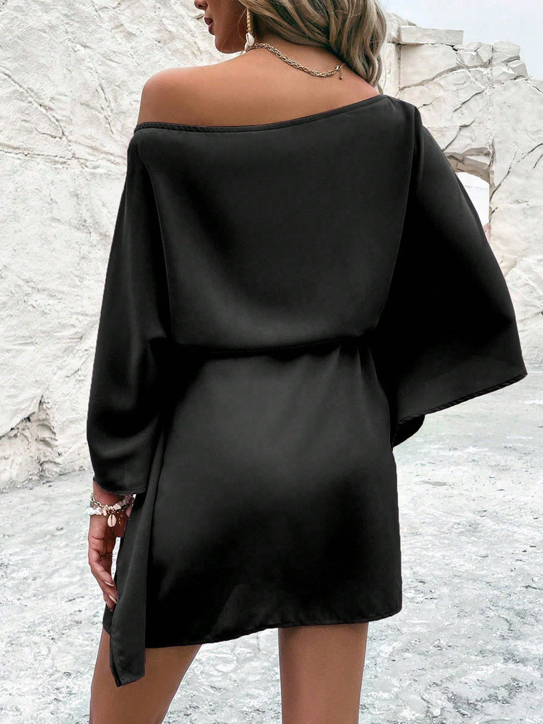 Women Satin Off-shoulder Asymmetrical Dress 14