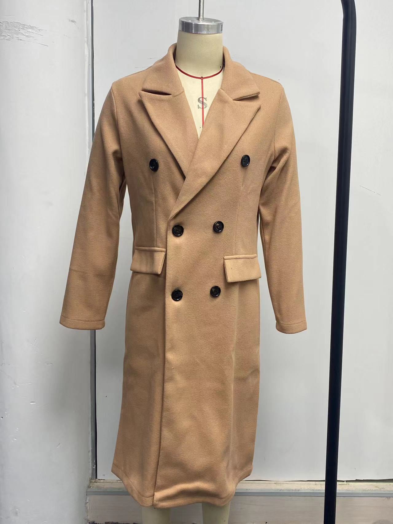 Women Solid Long Sleeve Double Breasted Pocket Coat 35